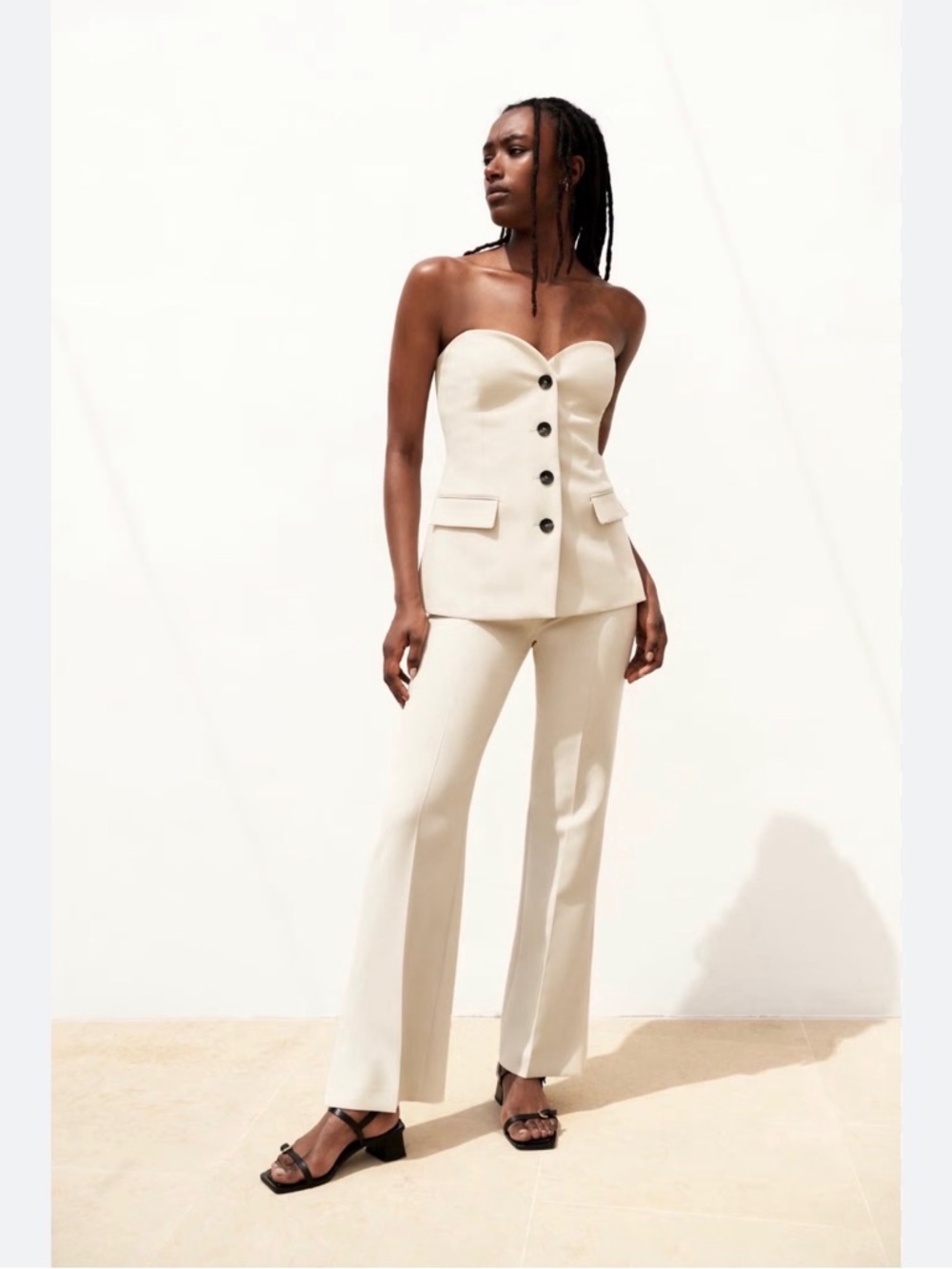 NWT NEW Zara Cream Strapless Tailored Top with Straight-Leg Pants Set Small